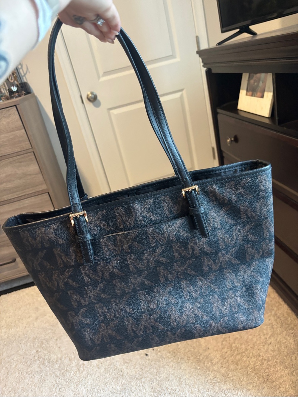 Michael Kors Brown Logo Tote with Black & White Center Stripes - Picture 2 of 6